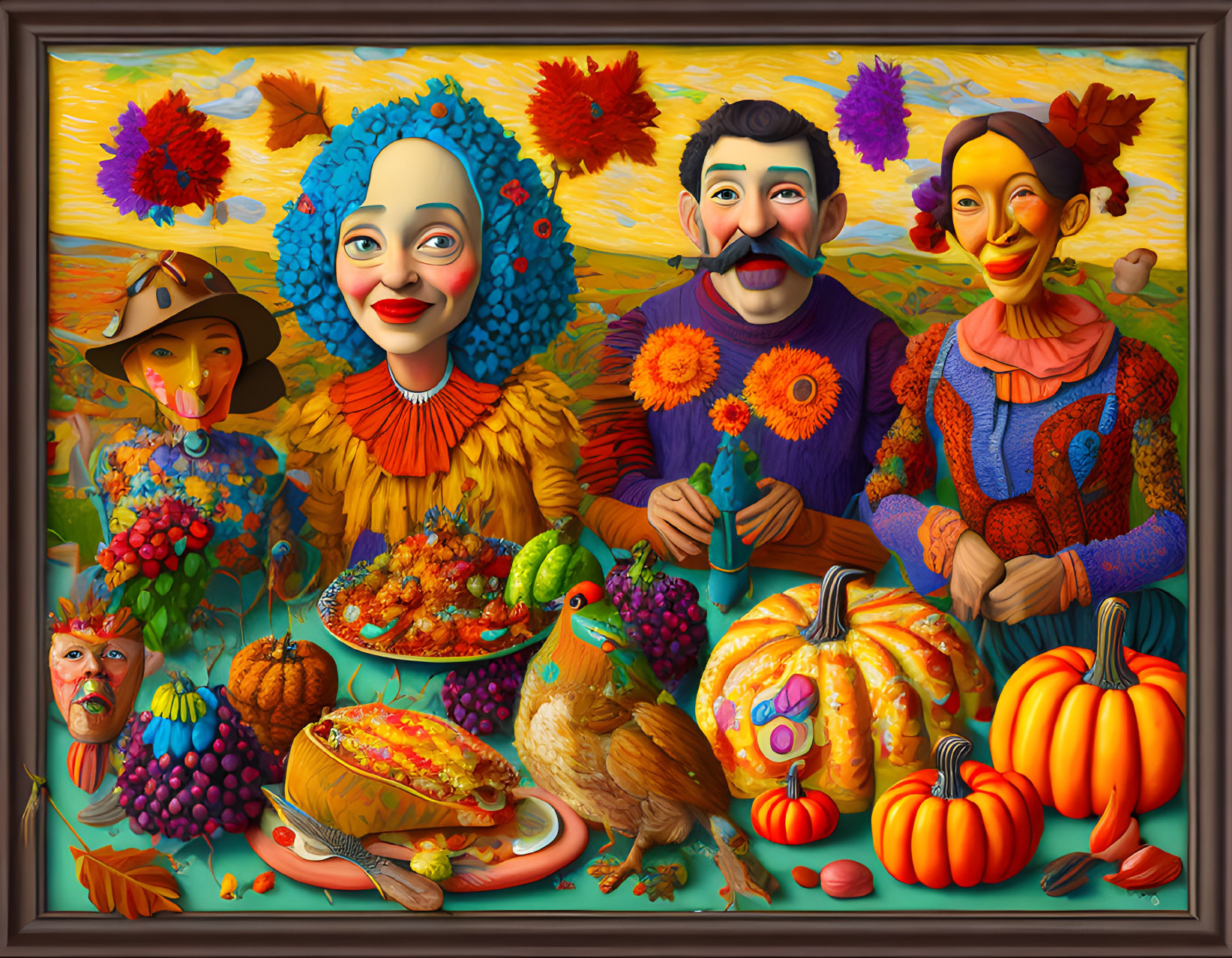 Colorful surreal artwork: Four stylized characters at festive autumn table.