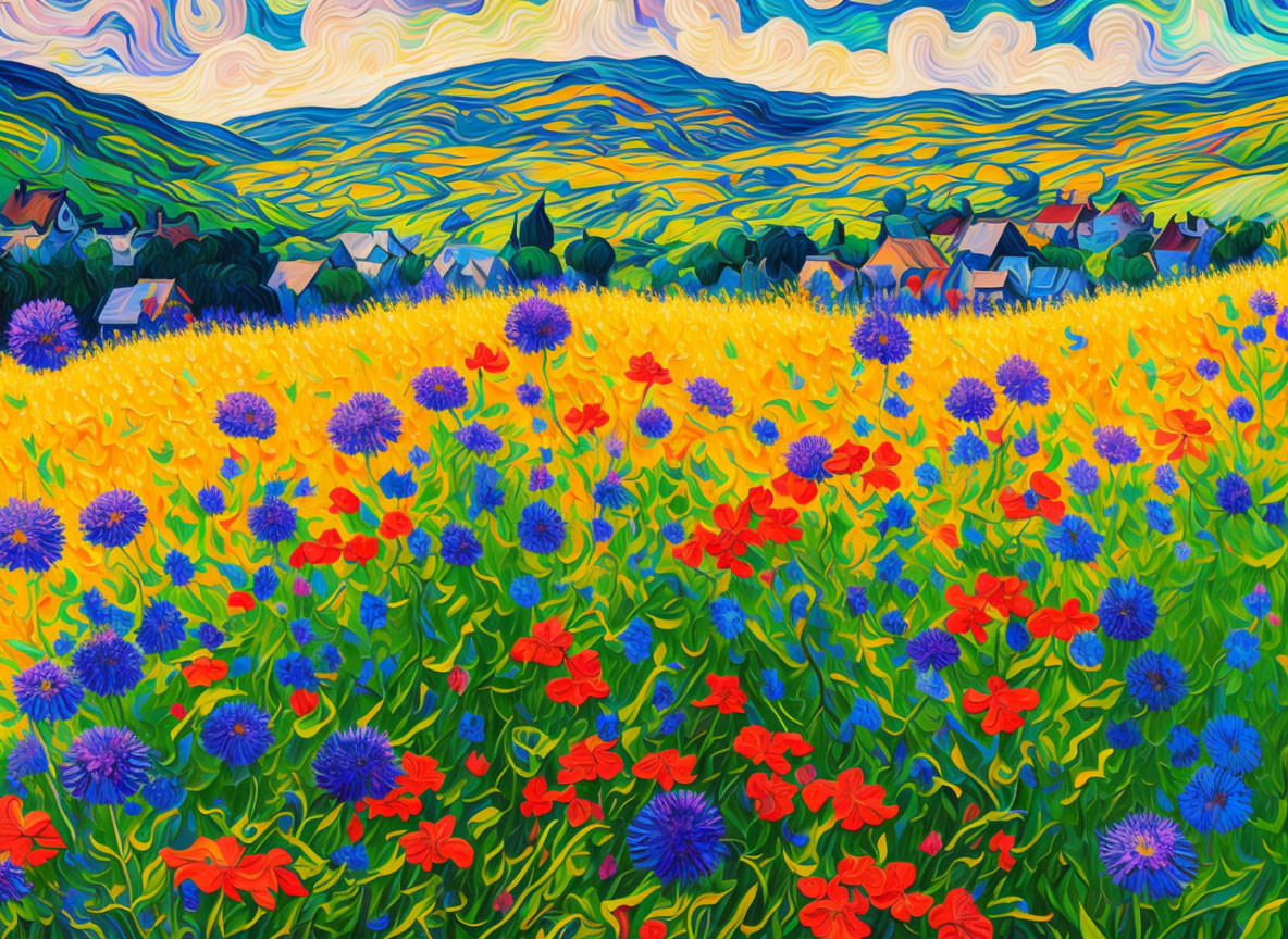 Impressionist-style painting of blooming flower field with red and purple flowers