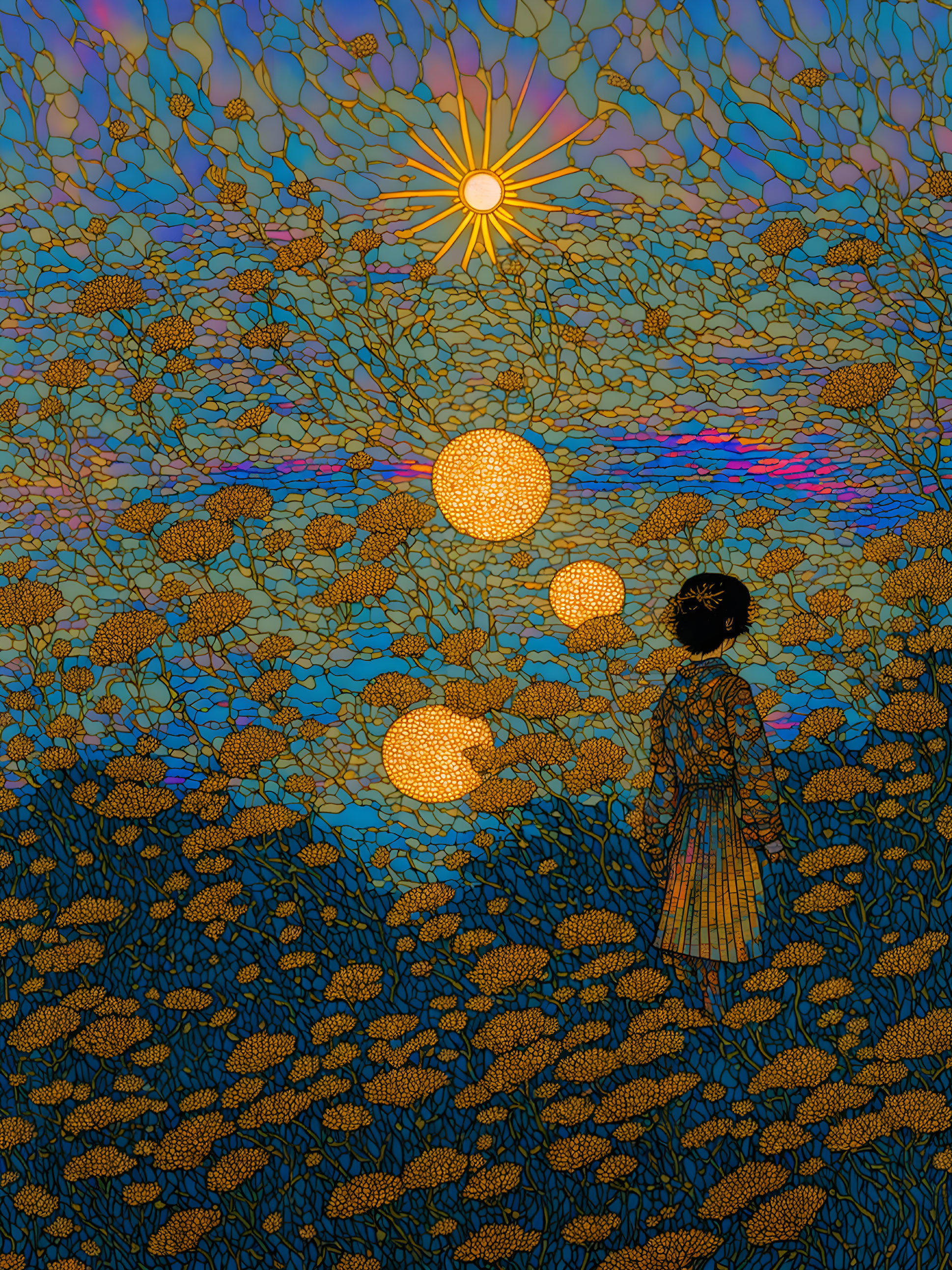 Silhouette person surrounded by vibrant mosaic of light and color