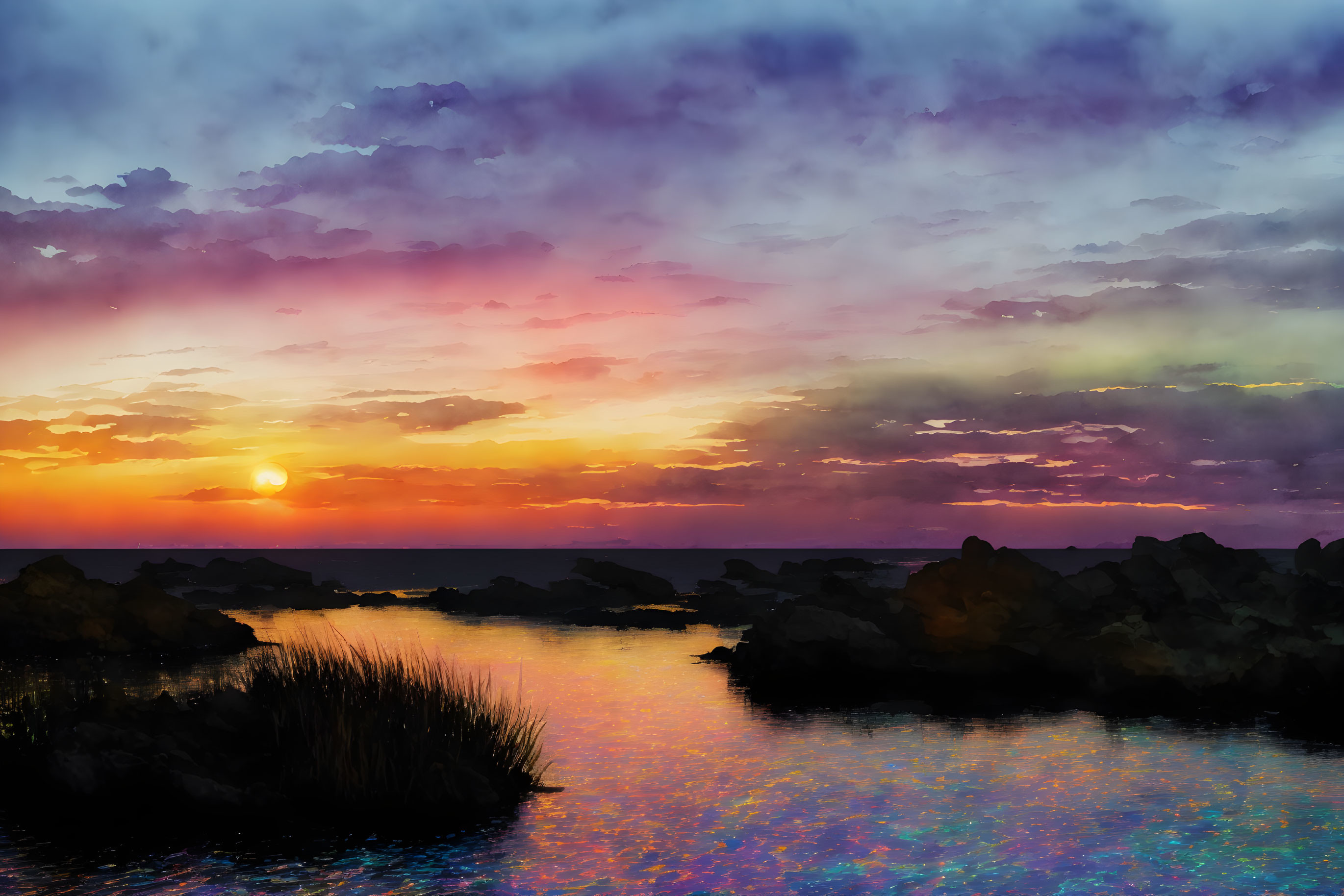 Colorful sunset reflected on calm water with silhouetted rocks and reeds