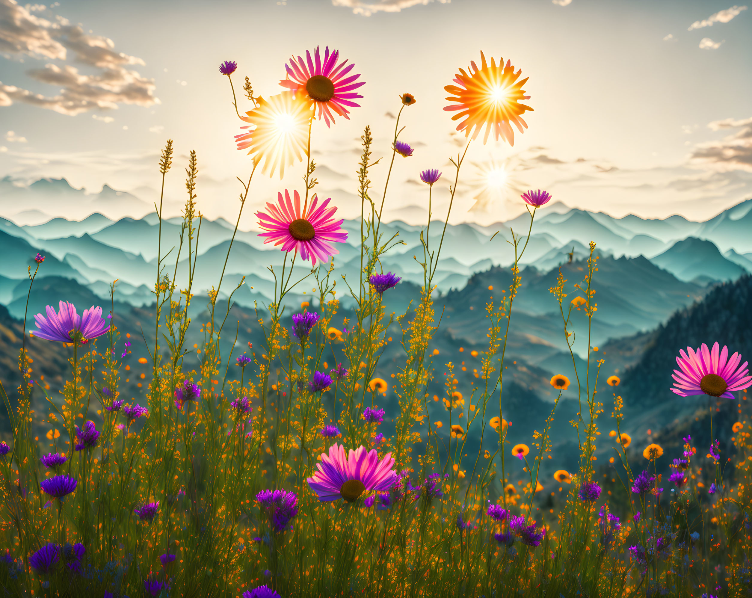 Vibrant Wildflowers Against Mountain Sunset