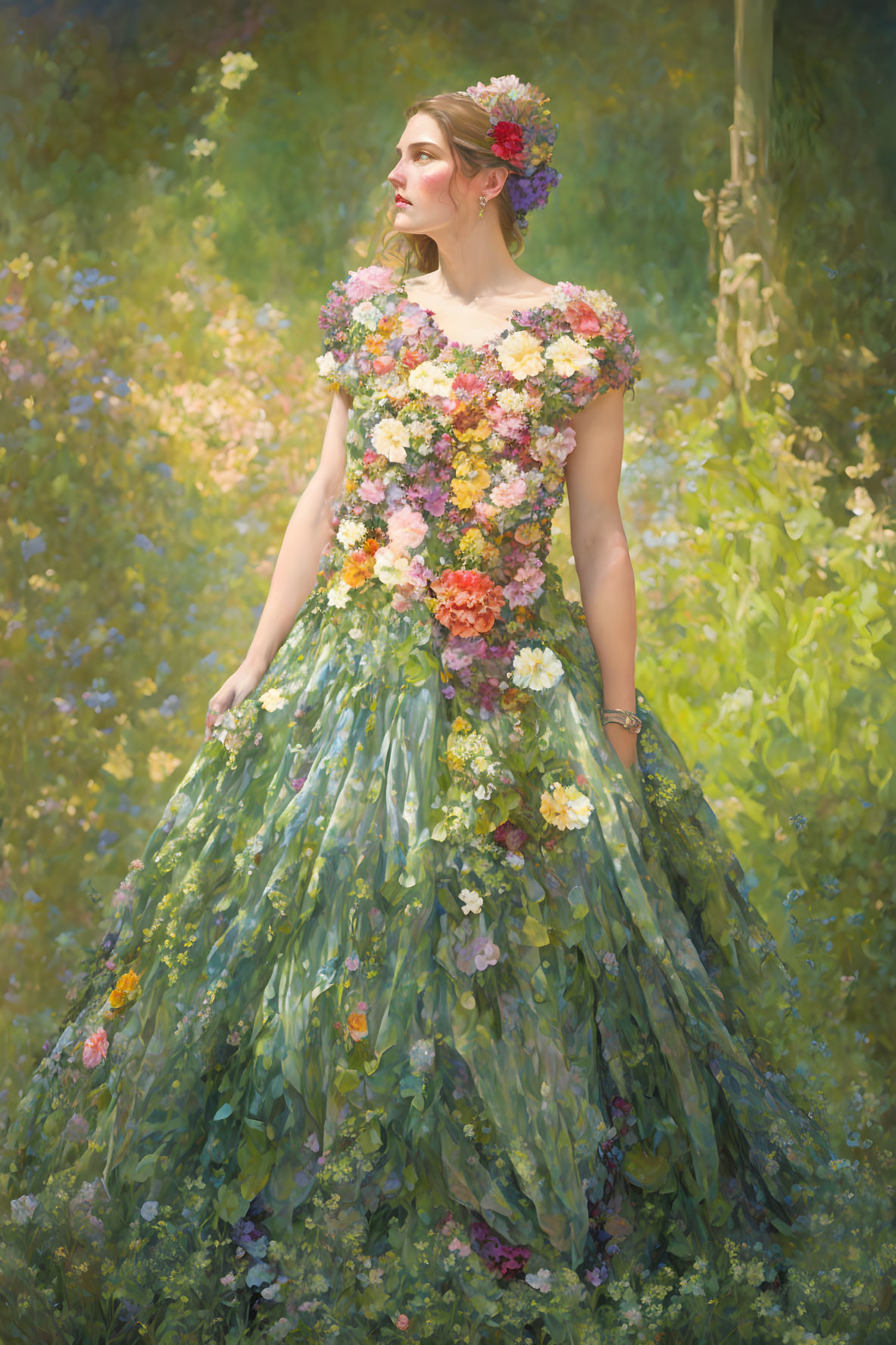 Woman in Floral Gown Standing in Garden