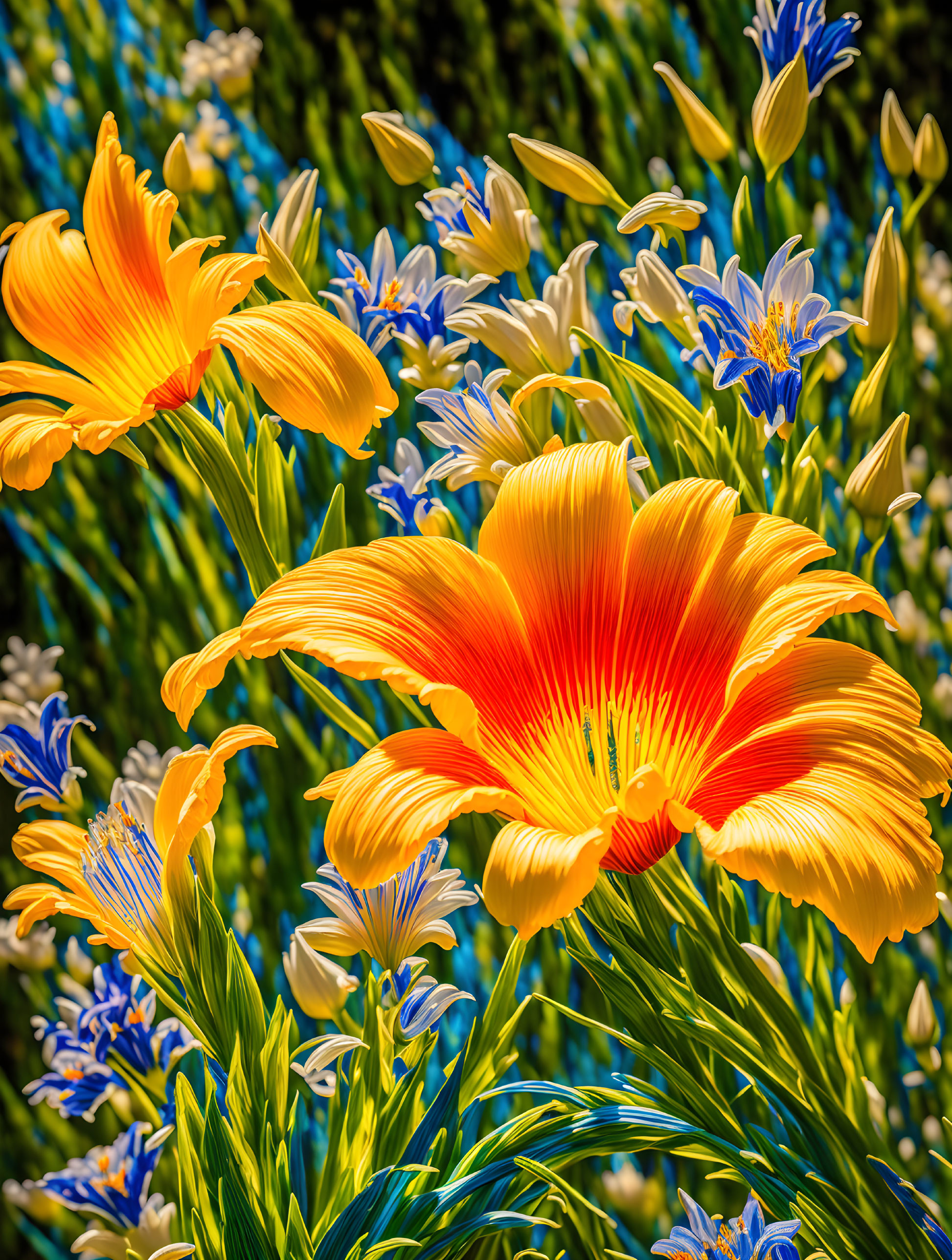 Colorful Flower Garden with Yellow, Orange, Red, and Blue Blooms