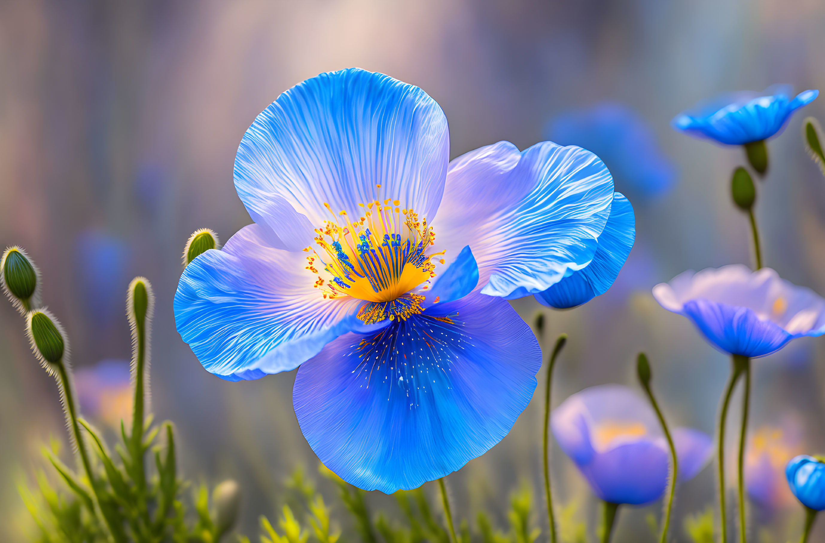 Vibrant blue poppy with golden center in dreamy floral setting