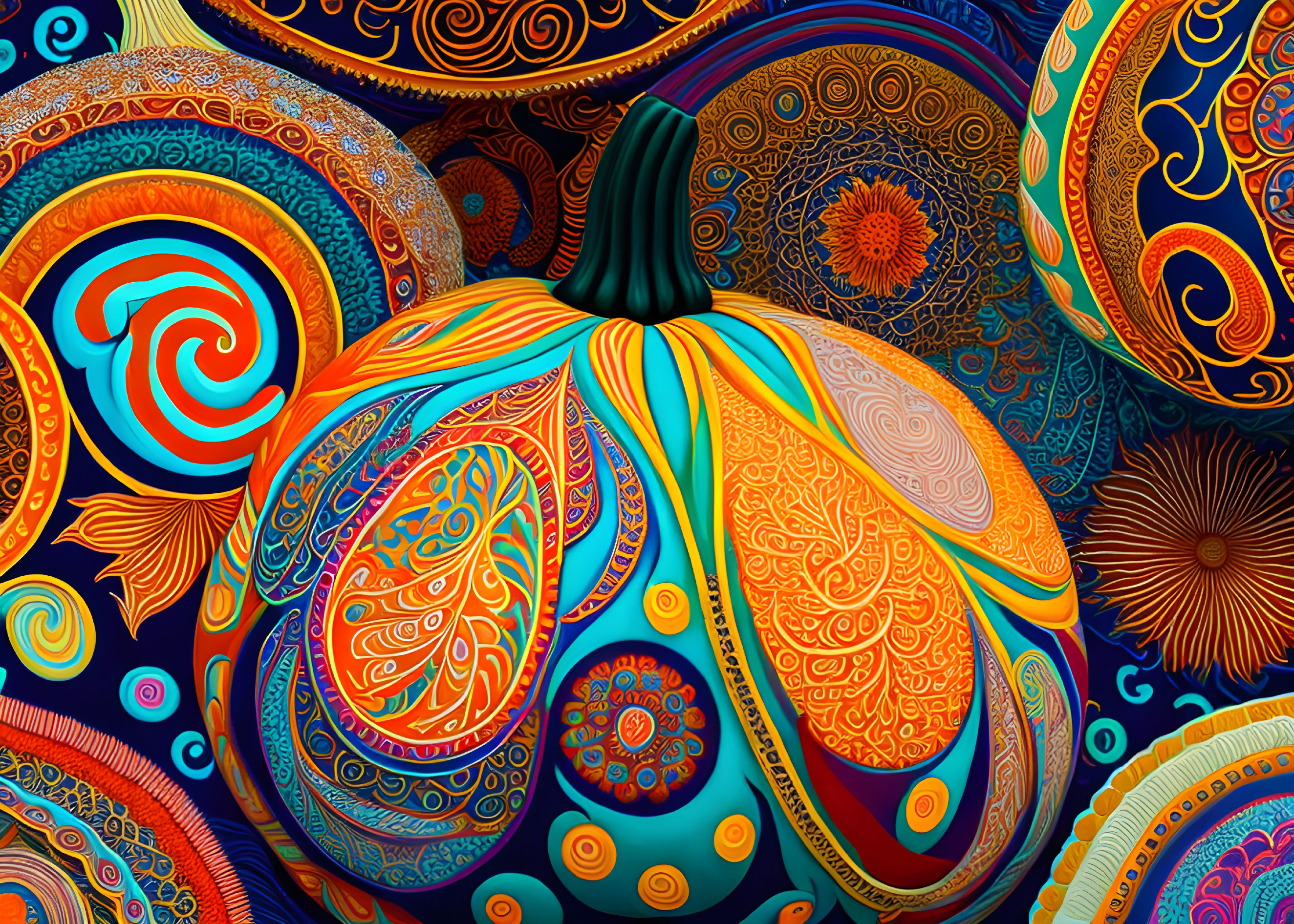 Colorful Psychedelic Pumpkin Illustration with Ornate Patterns