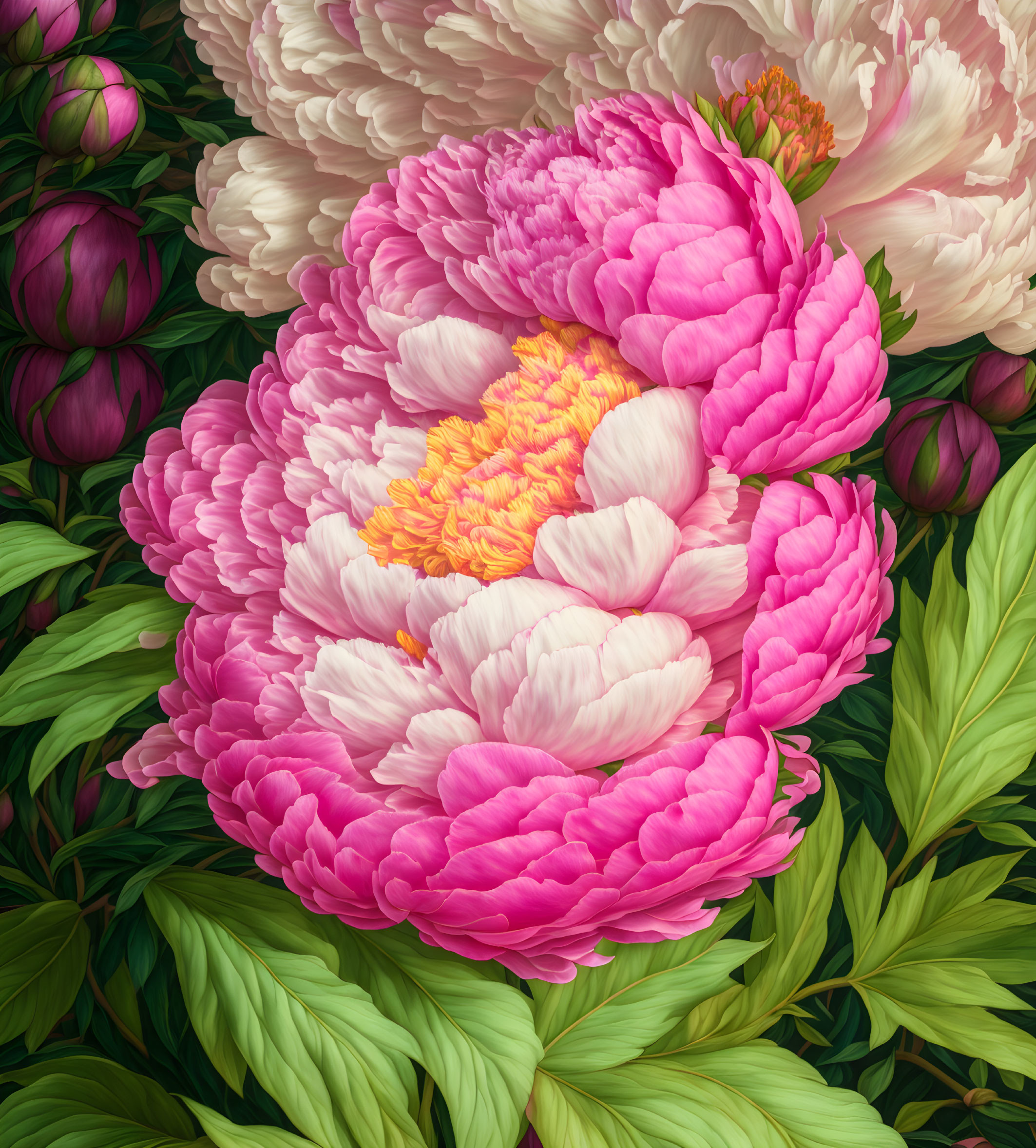 Detailed Large Pink and White Peony with Green Leaves and Buds