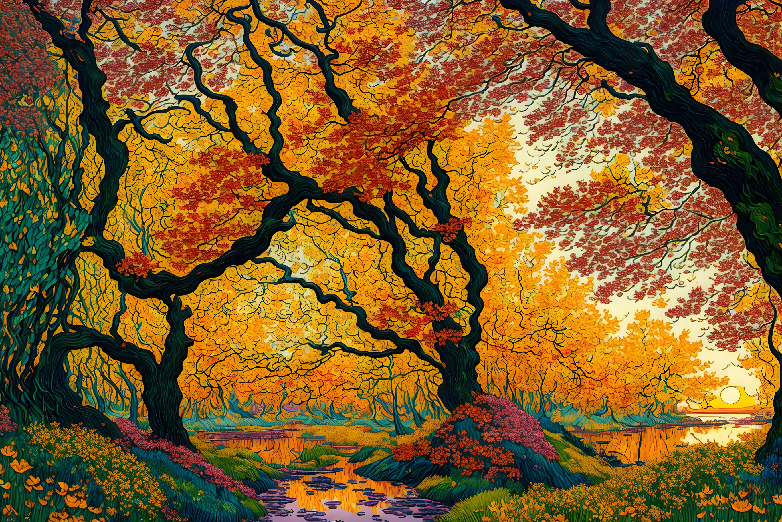 Vivid Autumn Forest with Twisted Trees and Sunset Stream