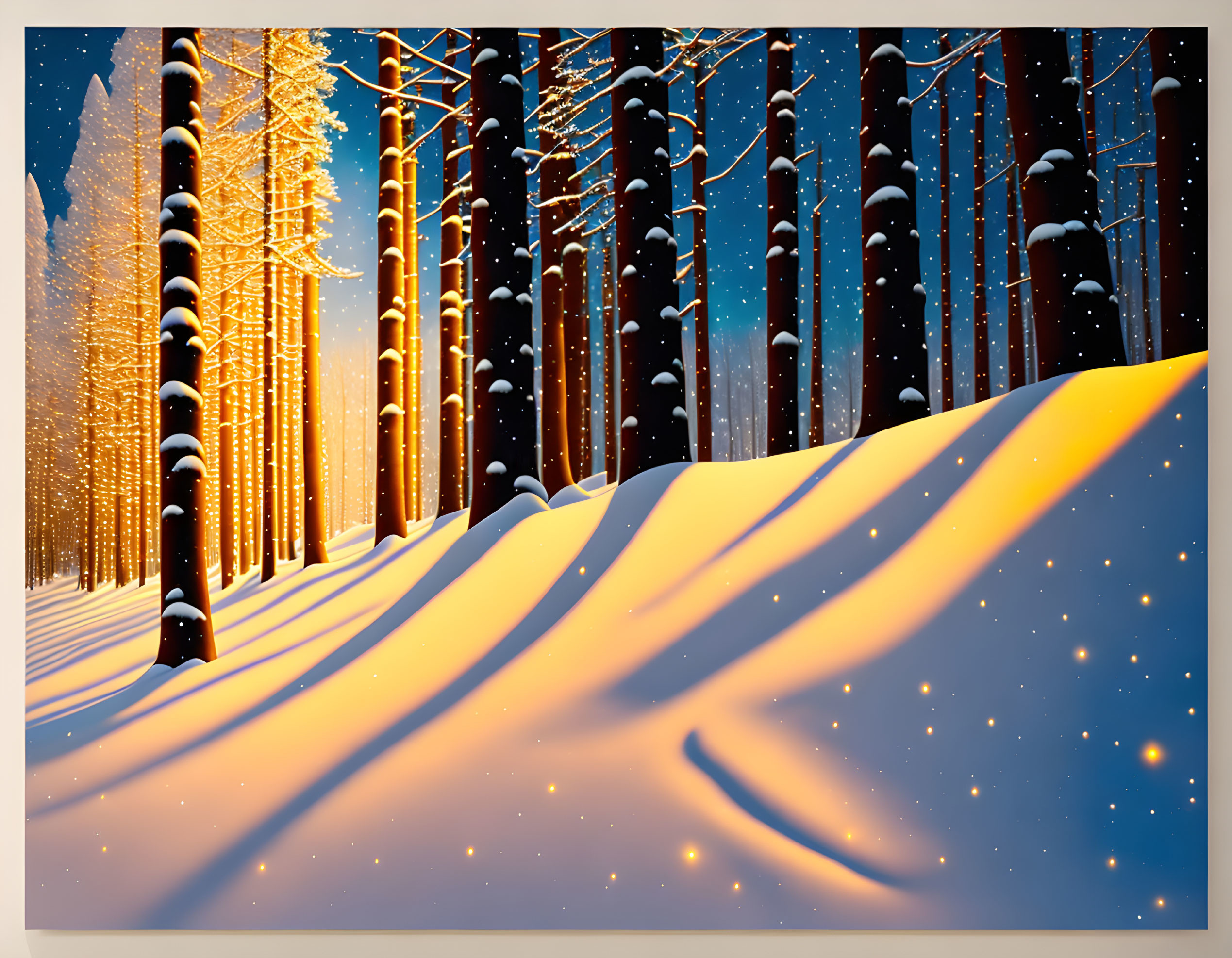 Snow-covered winter forest with warm golden light and falling snowflakes