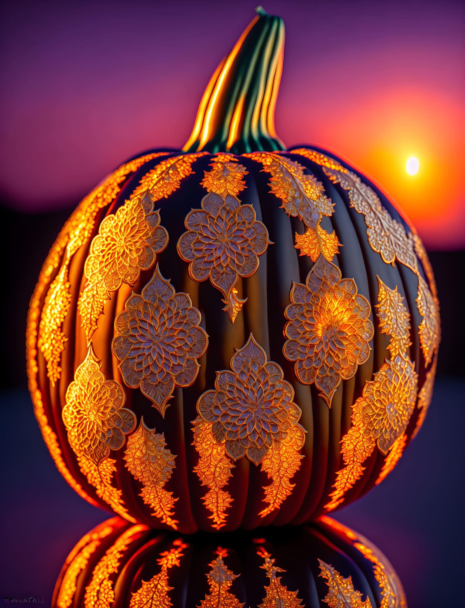 Intricate Gold Floral Pattern Pumpkin on Sunset Background