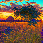 Vibrant sunset over tall grass field with orange and blue sky