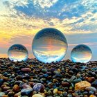 Iridescent Spheres on Colorful Pebbles at Sunset