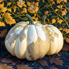 Floral Patterned Ceramic Pumpkin on Dark Background with Botanical Illustrations