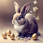 Colorful Rabbit Illustration with Patterned Fur, Eggs, and Flowers on Vibrant Background