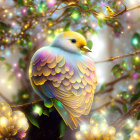 Stylized digital artwork: Dove with pastel feathers and golden branches