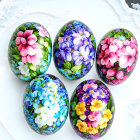 Elaborate Floral Easter Eggs on Plate with Lace Background