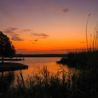 Tranquil lake sunset with vibrant reflections and colorful wildflowers