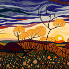 Colorful Landscape Painting with Swirling Skies and Sun