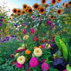 Lush garden scene with stone path, cypresses, colorful flowers, and mountain backdrop