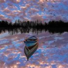 Sunset sky reflecting on calm waters with a solitary boat - serene scene