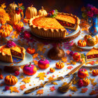 Autumn-themed illustration with pumpkin pie, candles, fall leaves, and mini pumpkins