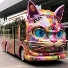 Colorful Psychedelic Bus with Large Cats in Urban Setting