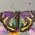 Iridescent Butterfly Sculpture on Pink Flowers and Gray Background