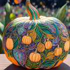 Intricately carved metal and stained-glass pumpkin outdoors