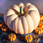 Colorful digital artwork: Decorated pumpkin with gold patterns on blue background