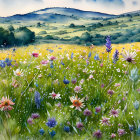 Impressionist-style painting of blooming flower field with red and purple flowers