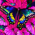 Colorful Butterfly Artwork Against Pink and Purple Mosaic Background