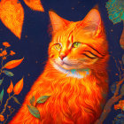 Colorful Orange Cat Artwork with Blue and Gold Background