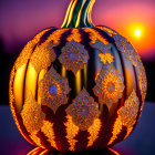 Intricate Gold Floral Pattern Pumpkin on Sunset Background