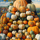 Colorful Pumpkins and Gourds Stack by Tree in Autumn Scene