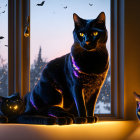 Black Cat with Glowing Eyes on Windowsill at Twilight with Bats and Jack-o'-lantern