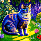 Vibrant Cat Illustration with Blue Stripes and Nighttime Floral Background