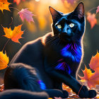 Black Cat with Blue and Purple Fur in Autumn Setting