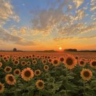 Sunflower field at sunset with orange sky