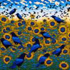 Sunflowers Field with Birds Perched and Flying at Sunset