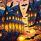 Gothic-style houses with bats in eerie setting