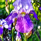 Colorful Stained Glass Artwork with Purple Iris and Floral Mosaic