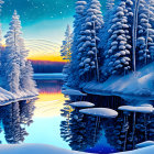 Snow-covered trees in serene winter landscape with sunset reflection