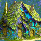 Whimsical house illustration with green foliage and purple flowers