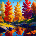 Colorful Autumn Trees Reflecting in River with Stones - Serene Nature Scene