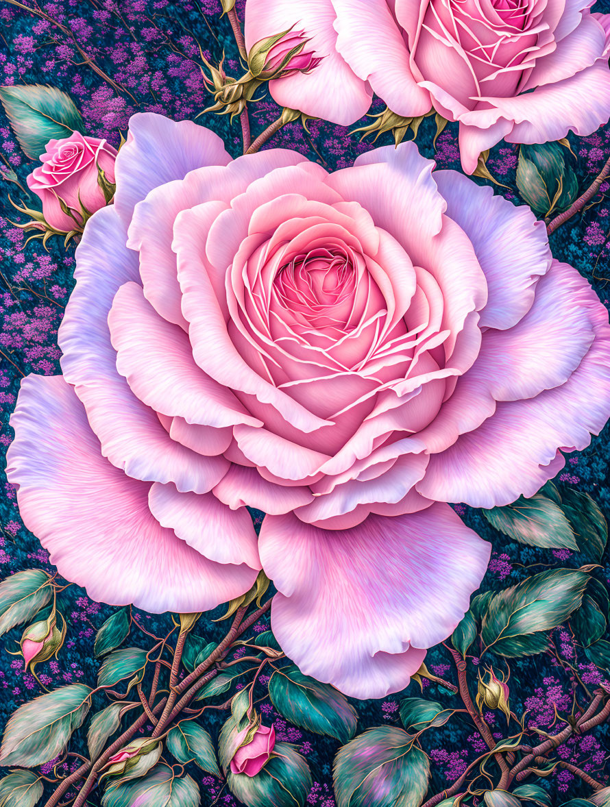 Detailed pink rose digital art on dark blue background