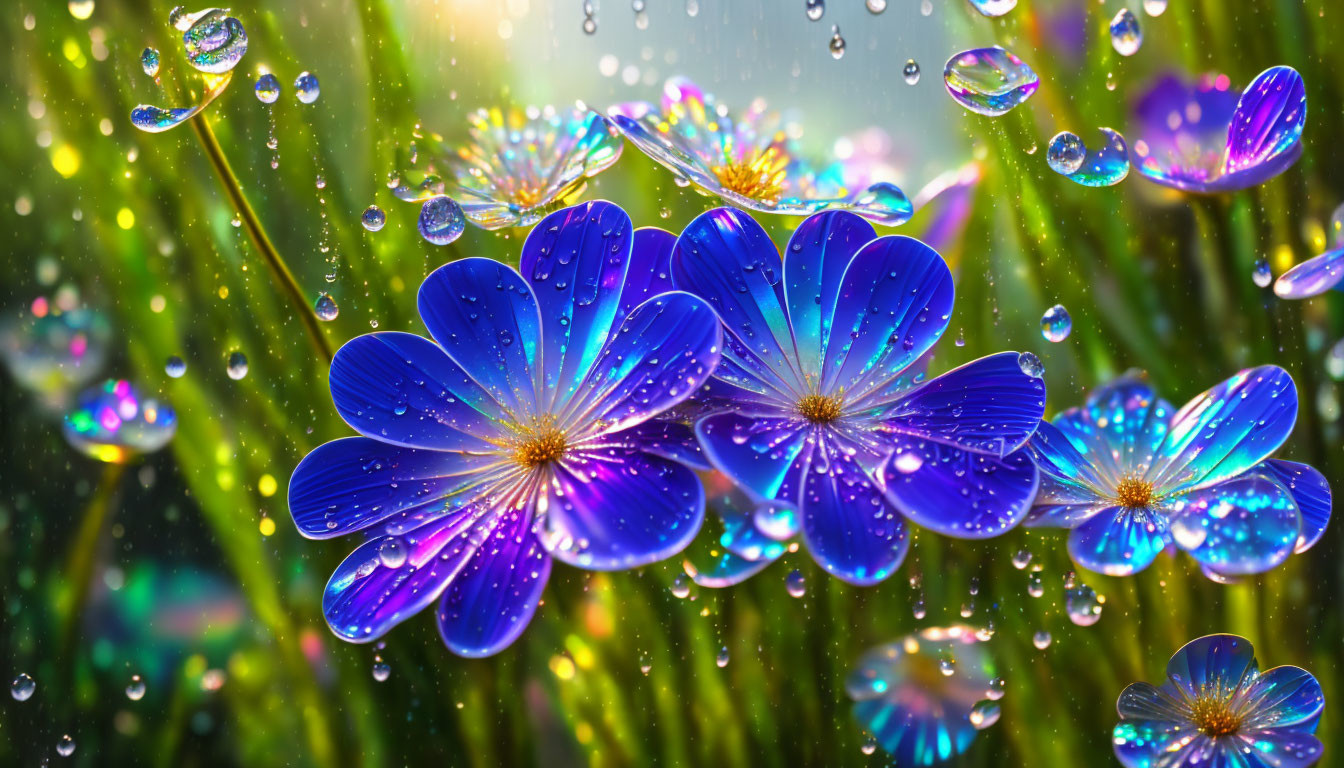 Bright blue flowers with dew on petals in lush greenery and bokeh.