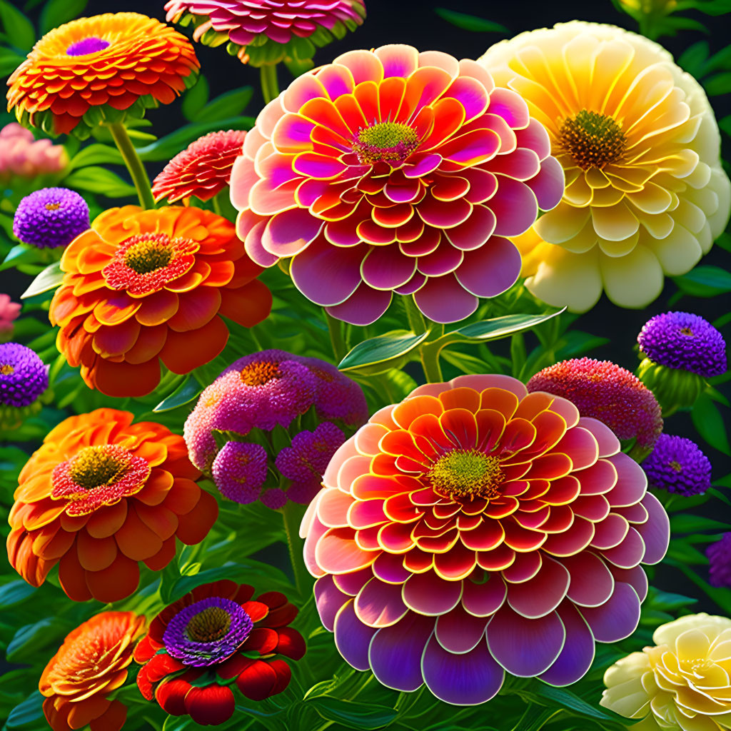 Colorful Dahlia Flowers in Full Bloom on Dark Background