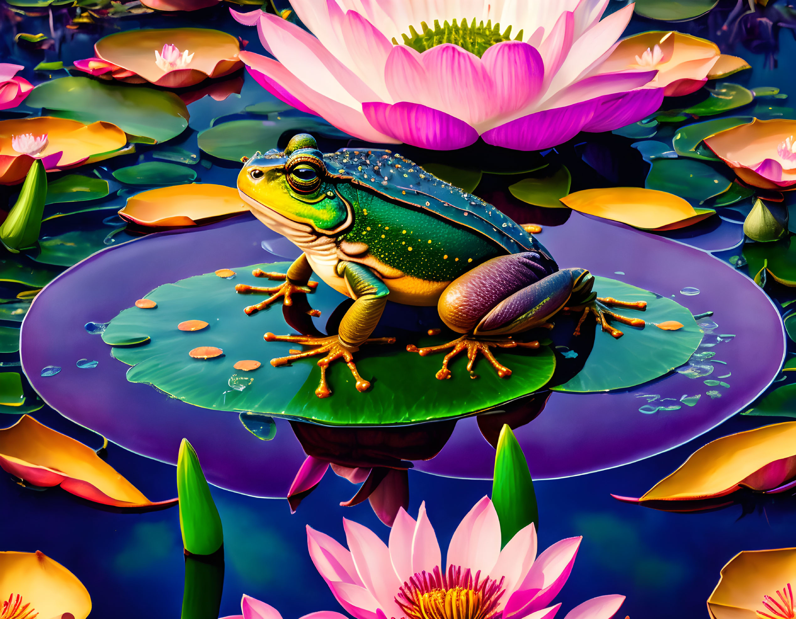 Green frog on lily pad with pink water lilies in tranquil pond