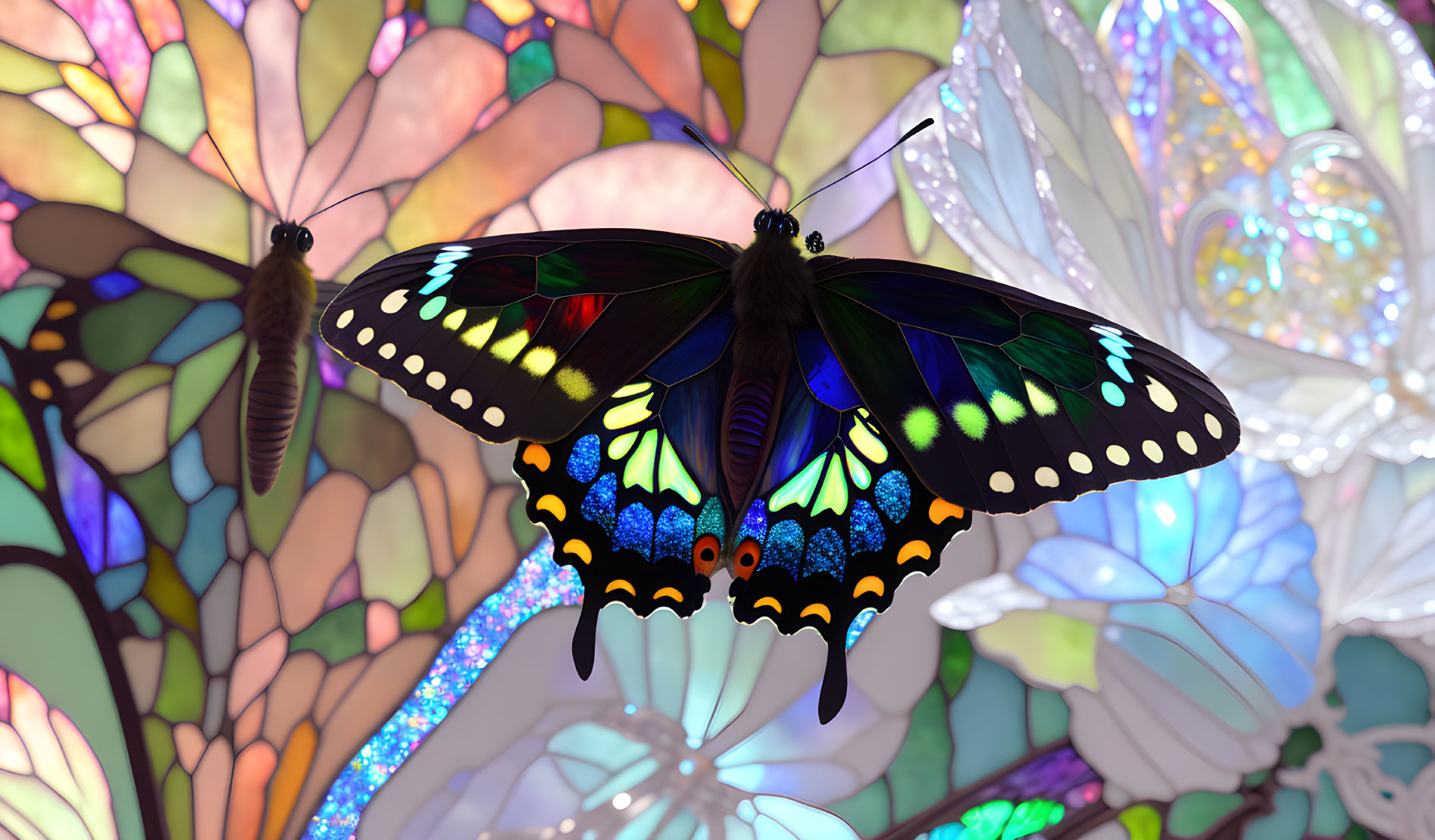 Colorful Butterfly on Stained Glass Background with Floral Designs