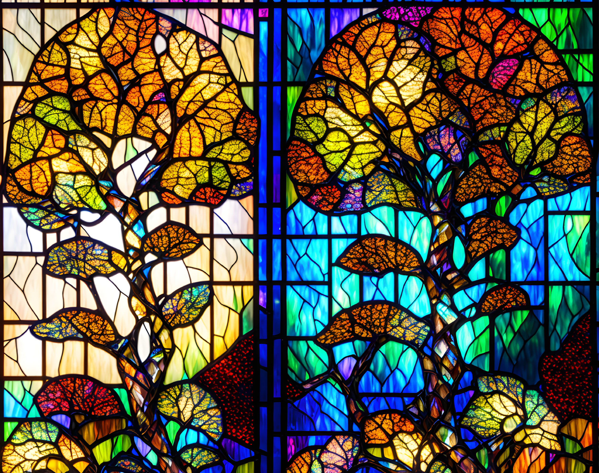 Vibrant tree design on colorful stained glass window