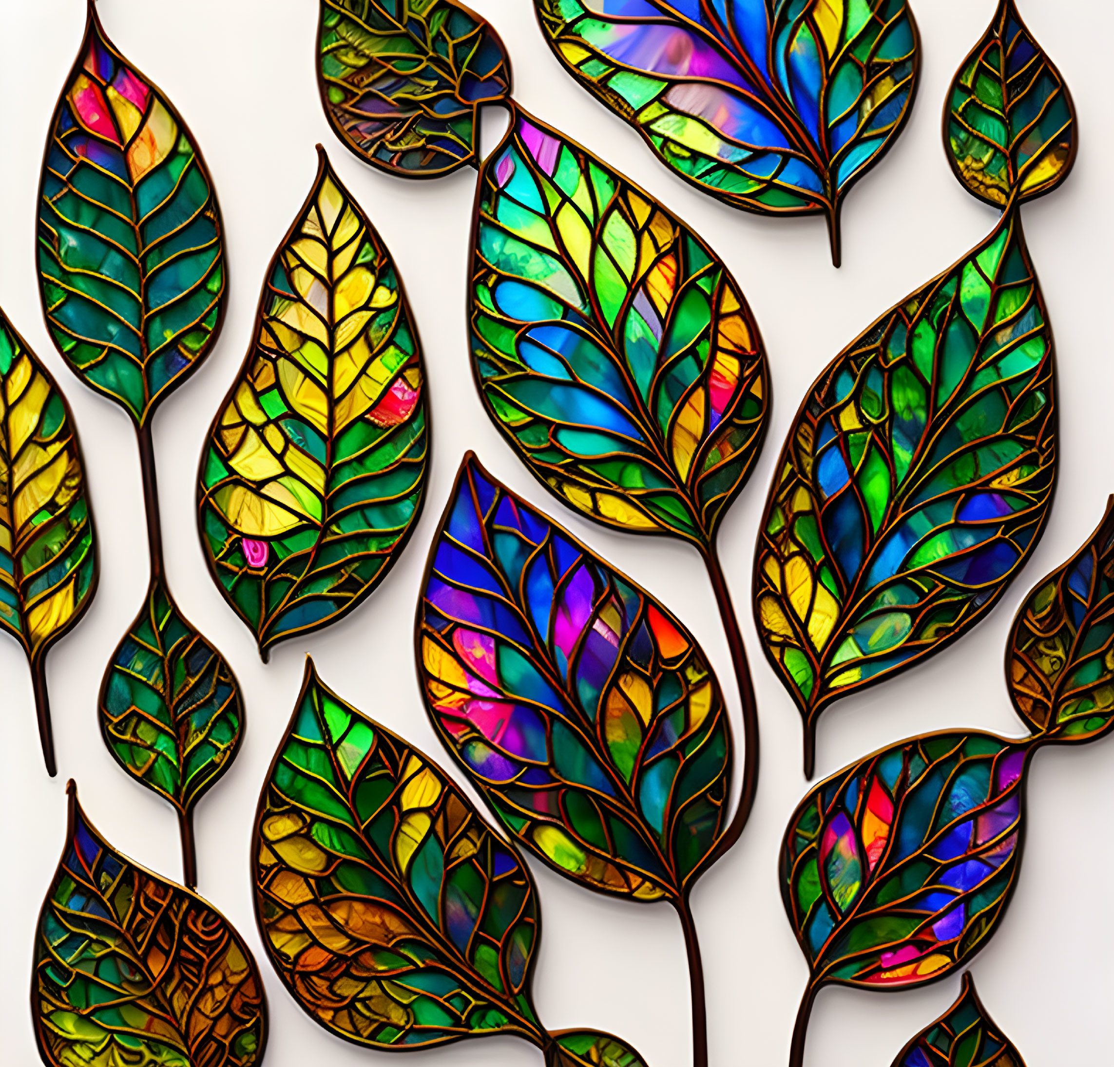 Vibrant stained-glass style leaves on light background